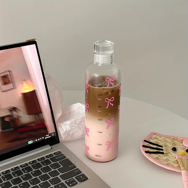 500ML Kawaii Bow Plastic Water Bottle, Transparent Time Scale Cup, Outdoor Sports School Drinking Bottle,Clear Plastic Water Jug 3