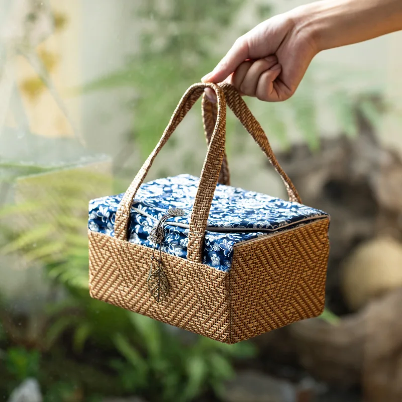 Blue Floral Rattan Tea Travel Bag Set - Portable Storage for 1 Teapot & 2/4/6 Cups, Chinese Style Tea Ceremony Organizer