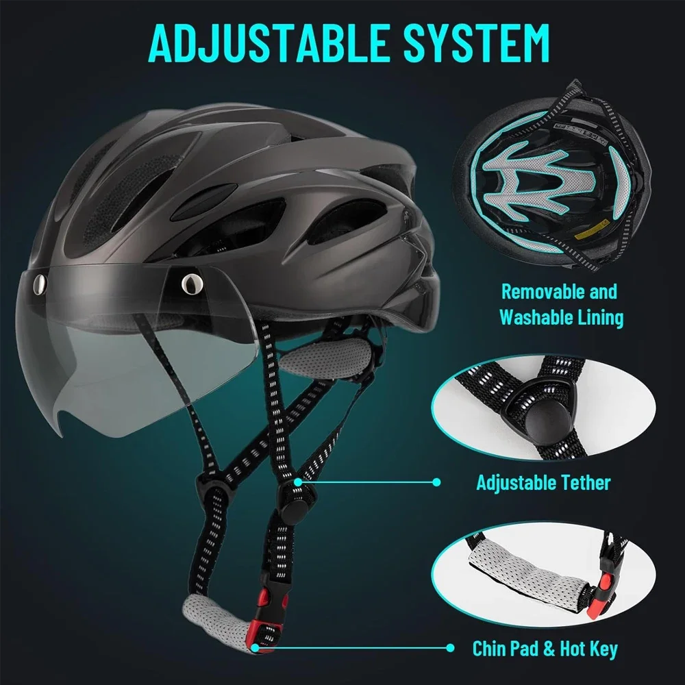 Bike Helmet with Light & Detachable Magnetic Goggles UV Protective, Bicycle Helmet Mountain Road Adjustable Adult Cycling
