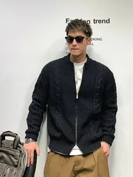 Knitted Sweaters for Men Coat Black Zip-up Man Clothes Plain Cardigan Jacket Solid Color Zipper Neck S Korean Style Knitwears A