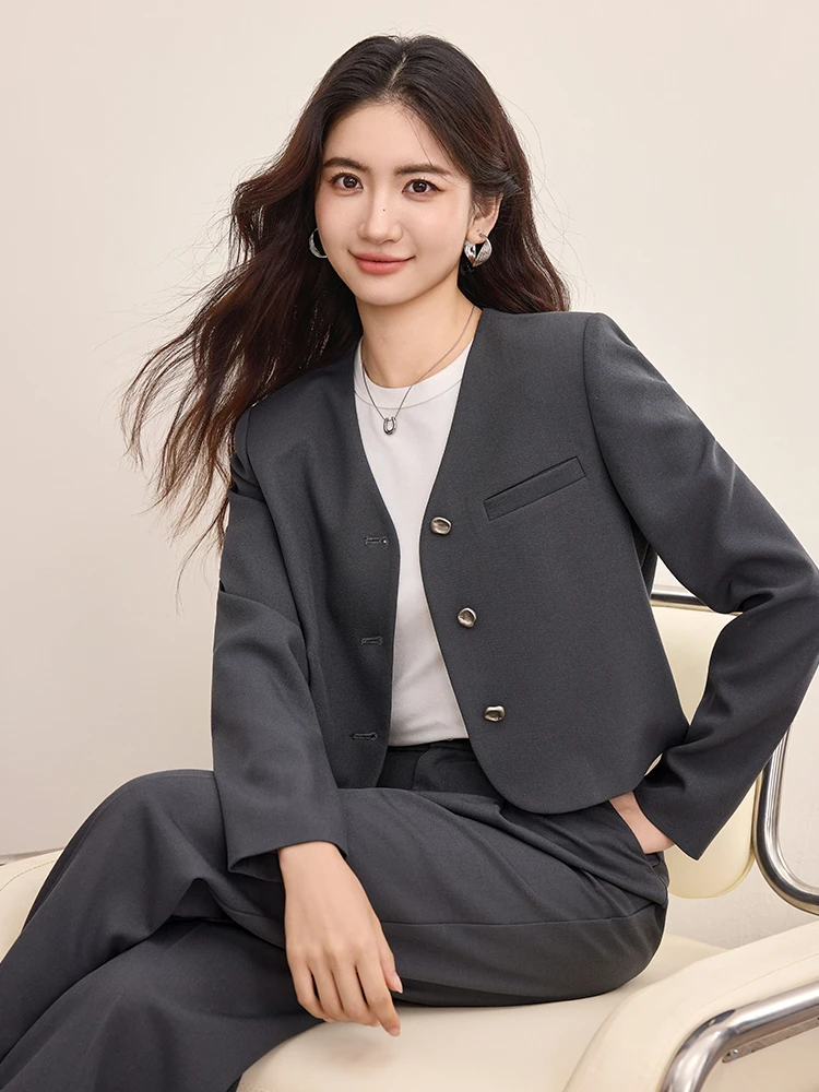 SENTUBILA Women's Gray Commuter Set 2025 Autumn Tailored V-neck Blazer With Shoulder Pads & Elastic Waist Trousers 153ZA2497 - Image 4