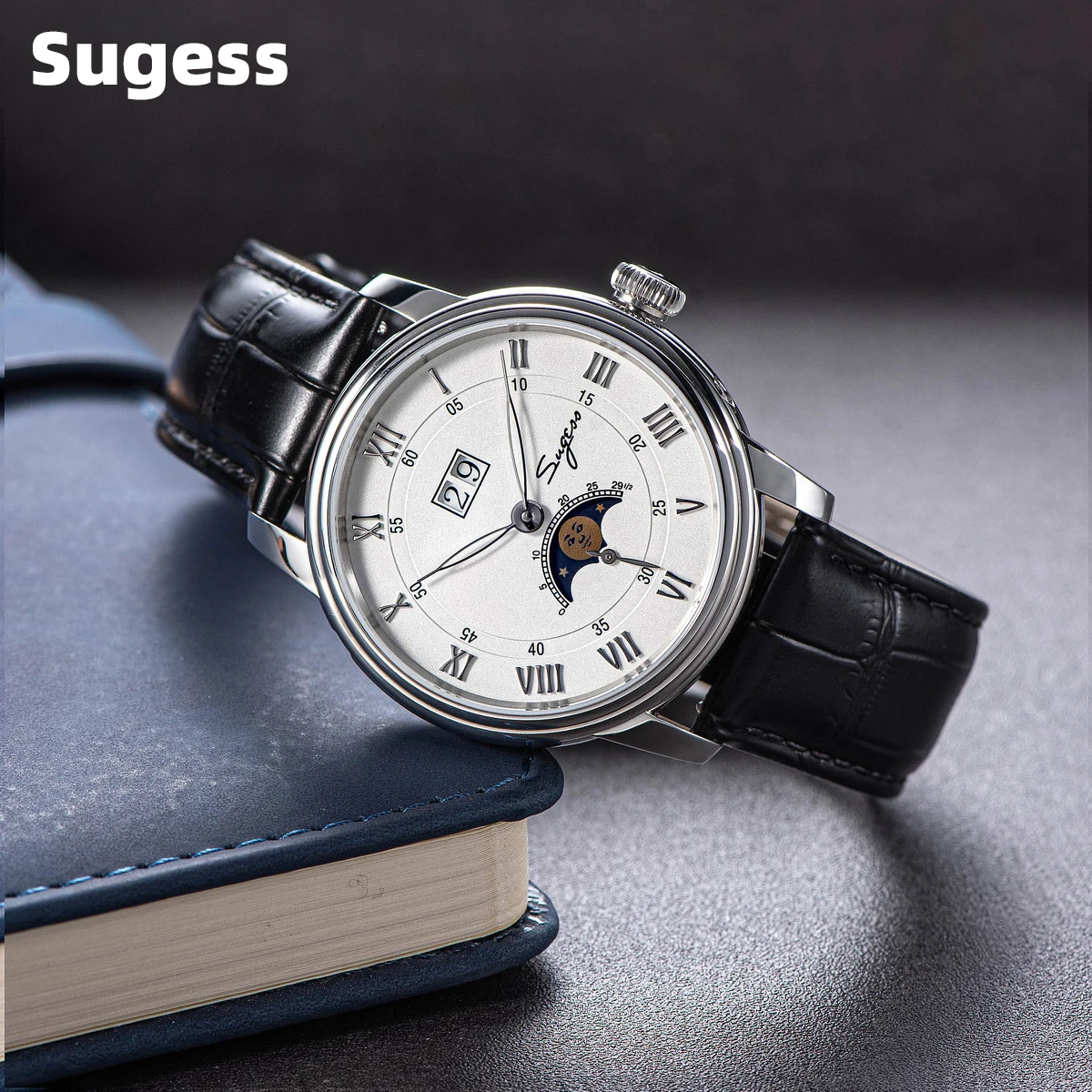 2023 Sugess Orologio Meccanico Automatico Da Uomo Orologi Da Polso Moonphase Originale St2528 Movimento Zaffiro Impermeabile Grande Data Nuovo