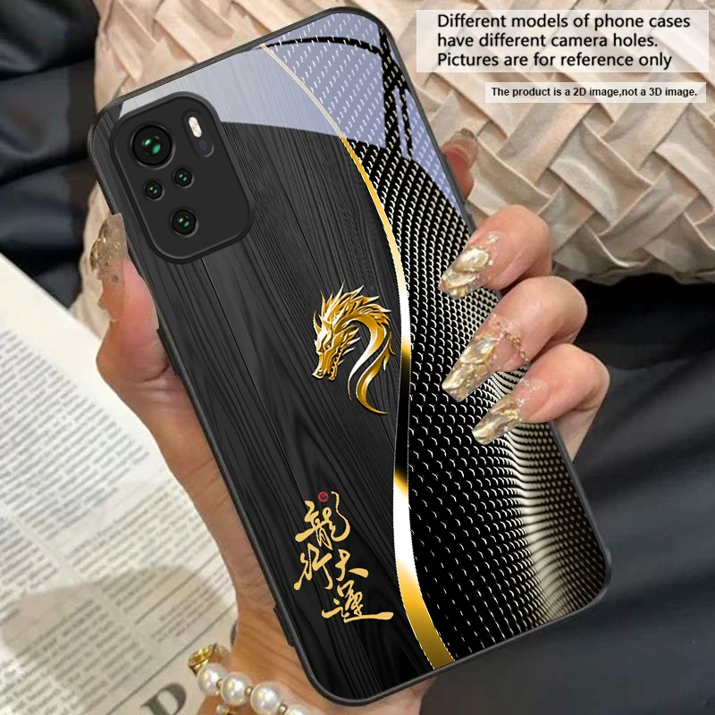 Elegant Black Tempered Glass Phone Case with Traditional Dragon Totem Design
