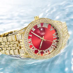 Women Men's Quartz Watches Iced Out Diamond Bling Red Watch For Male Female Couple Waterproof Calendar Lover Clock New In