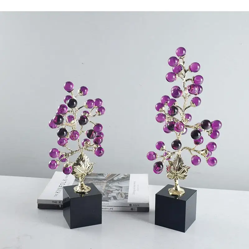 

Фиолетовая Хрустальная скульптура в виде виноградной струны, позолоченная поделка, украшения для комнаты, эстетическое украшение, украшение для стола, статуя винограда из сплава