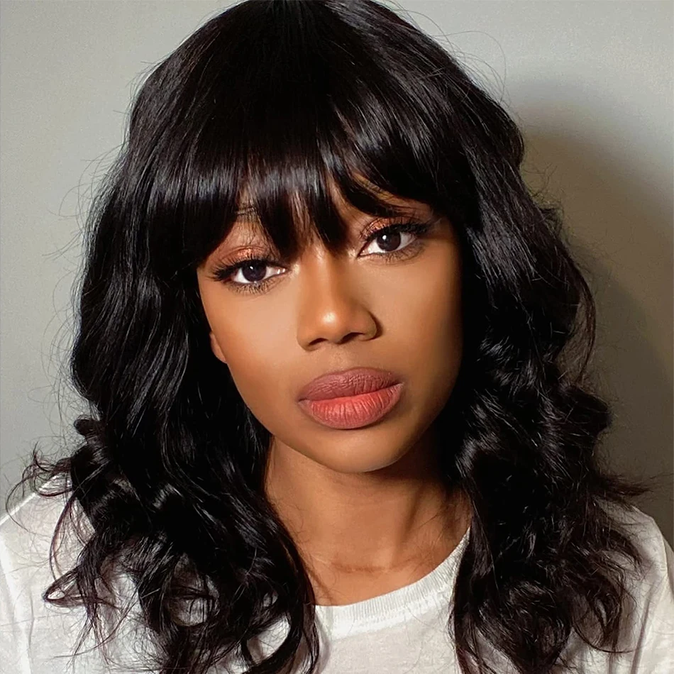 바디 웨이브 짧은 밥 인모 가발 앞머리 전체 기계 제작 접착제 없음 흑인 여성 브라질 워터 웨이브 밥 가발 앞머리