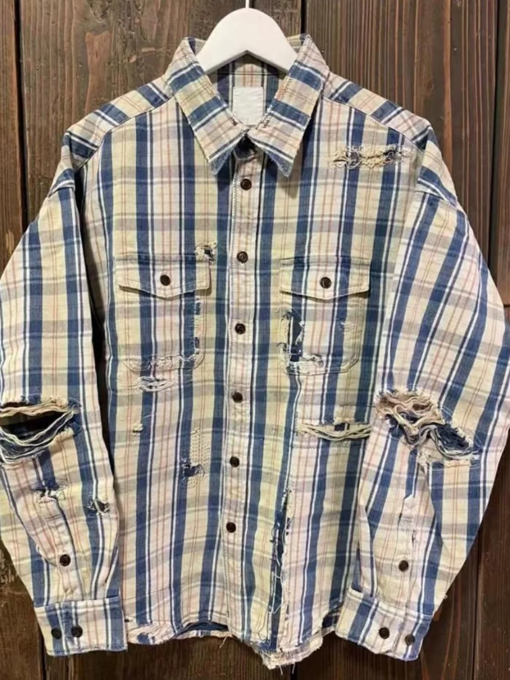 

VISVIM FIL 22SS PIONEER CRASH destroyed plaid shirt Nakamura washed patch shirt