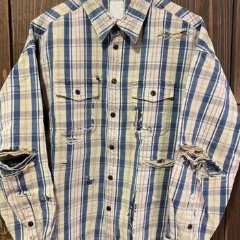VISVIM FIL 22SS PIONEER 크래시 파괴 격자 무늬 셔츠, 나카무라 워싱 패치 셔츠