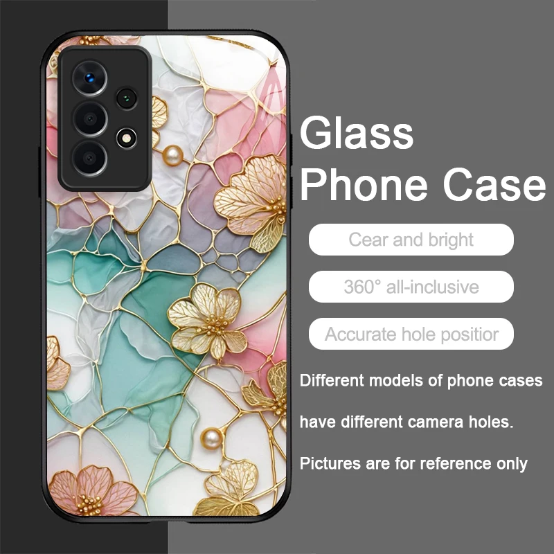 Luxury Flower Marble Texture Tempered Glass Phone Case, Hard Cover