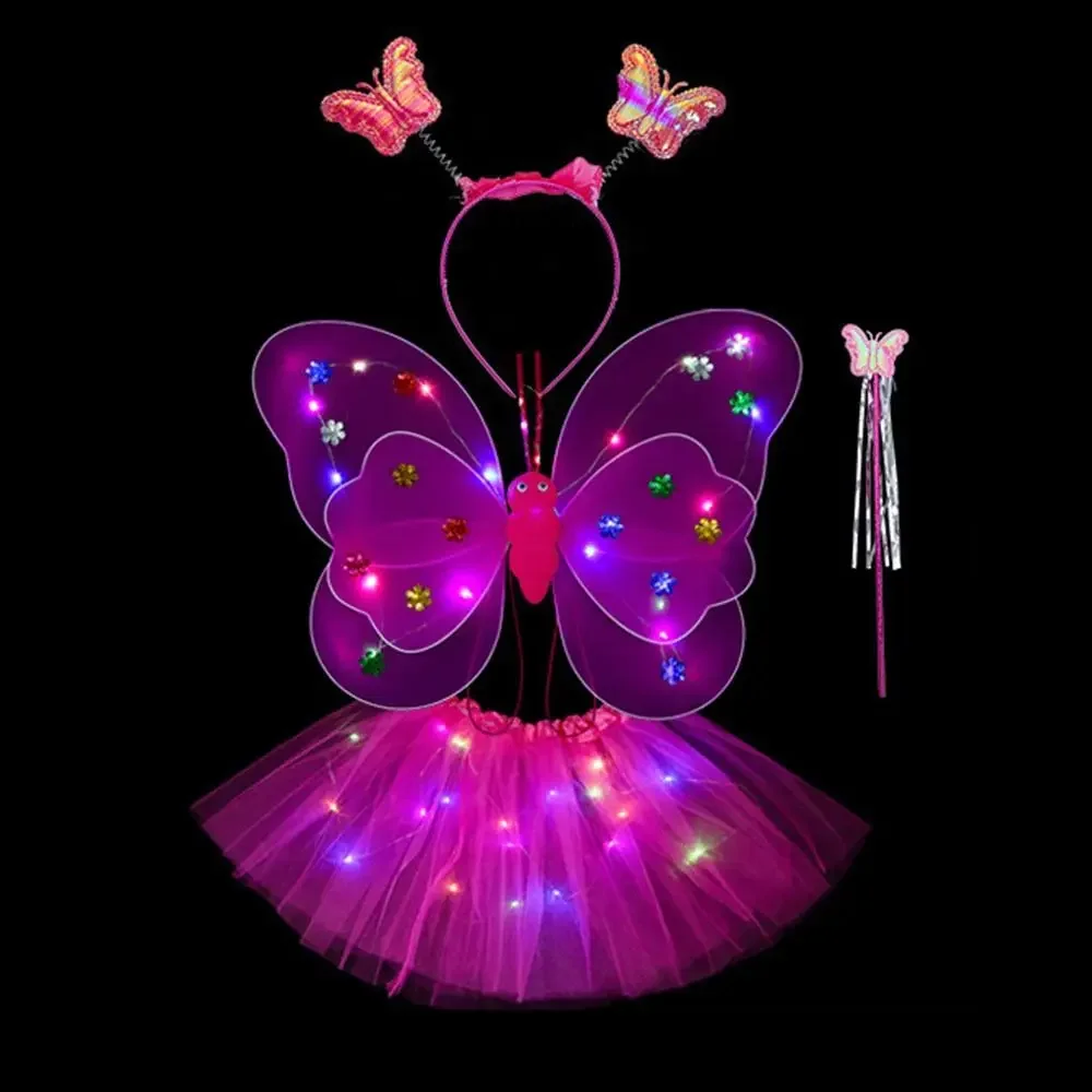 LED Children Costume Props Girls Skirt Angel Luminous Wings Flashing Butterfly Skirt Lights Suit 2-8year New Year Christmas Gift