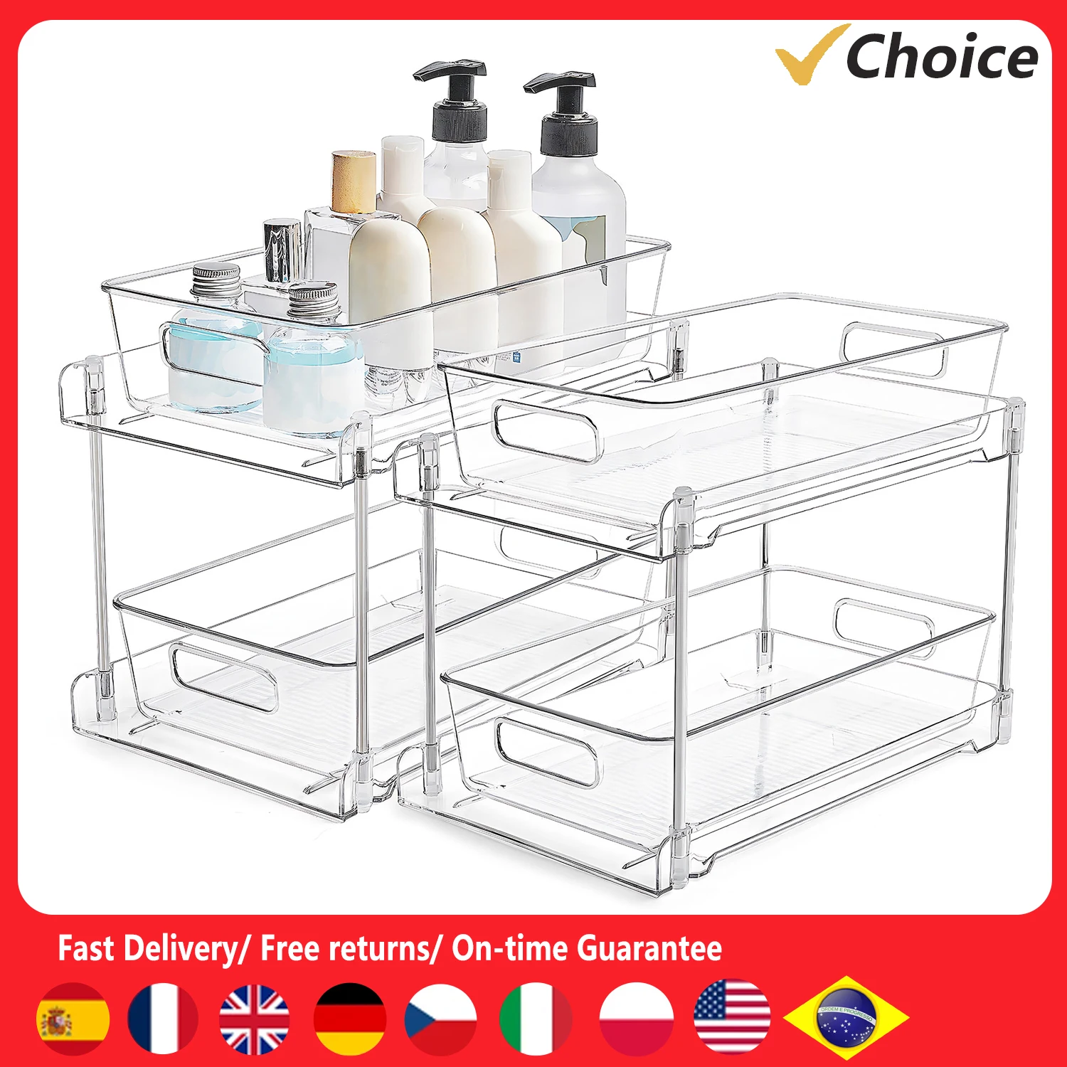 2 Pack Double Tier Clear Plastic Drawer Organizer Under Sink Sliding ...