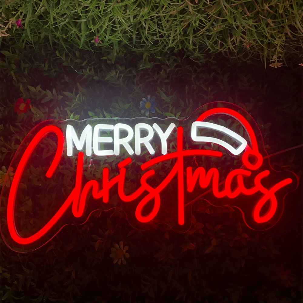 Merry Christmas Neon Sign with Acrylic board for Bedroom Party Bar Pub Club Christmas Wall Decorations Christmas Hat LED Sign marry me neon sign light wall art gifts neon sign acrylic wall decorations neon sign for wedding party led neon light sign decor