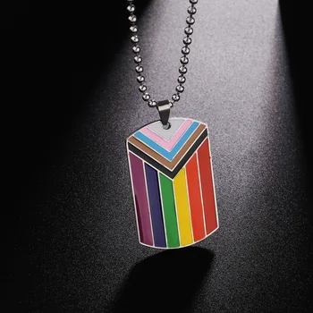1Pc Mens Progress Flag Necklace Stainless Steel Enamel Rainbow Pendant Heavy LGBTQ Pride Jewelry 1