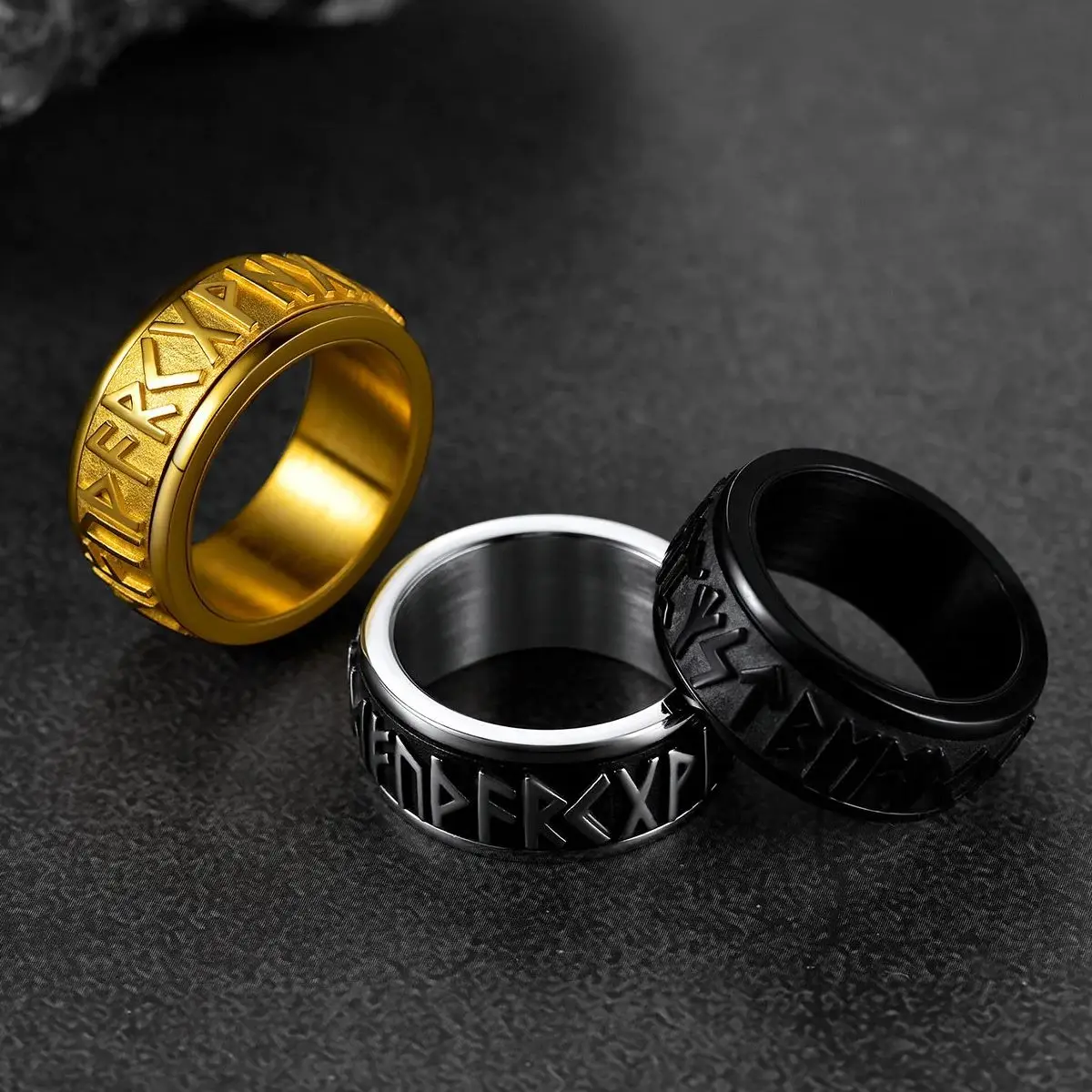 ChainsPro Men Rings Norse Viking Runes Spinner Ring Stainless Steel Rotatable Fidget Rings Anxiety Release Anti-Stress Ring