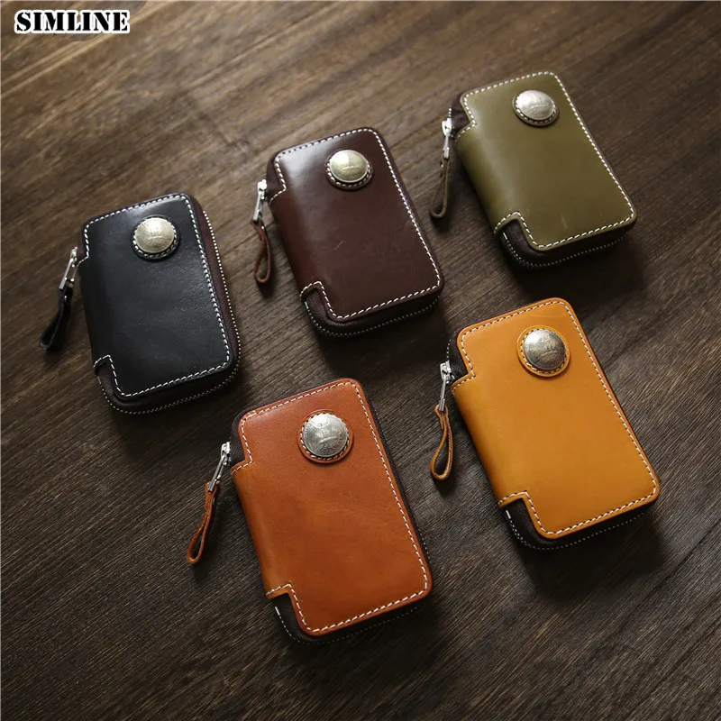 

100% Genuine Leather Key Wallet For Men Vintage Handmade Short Zipper Key Case With Card Holder Keyring Housekeeper Organizer