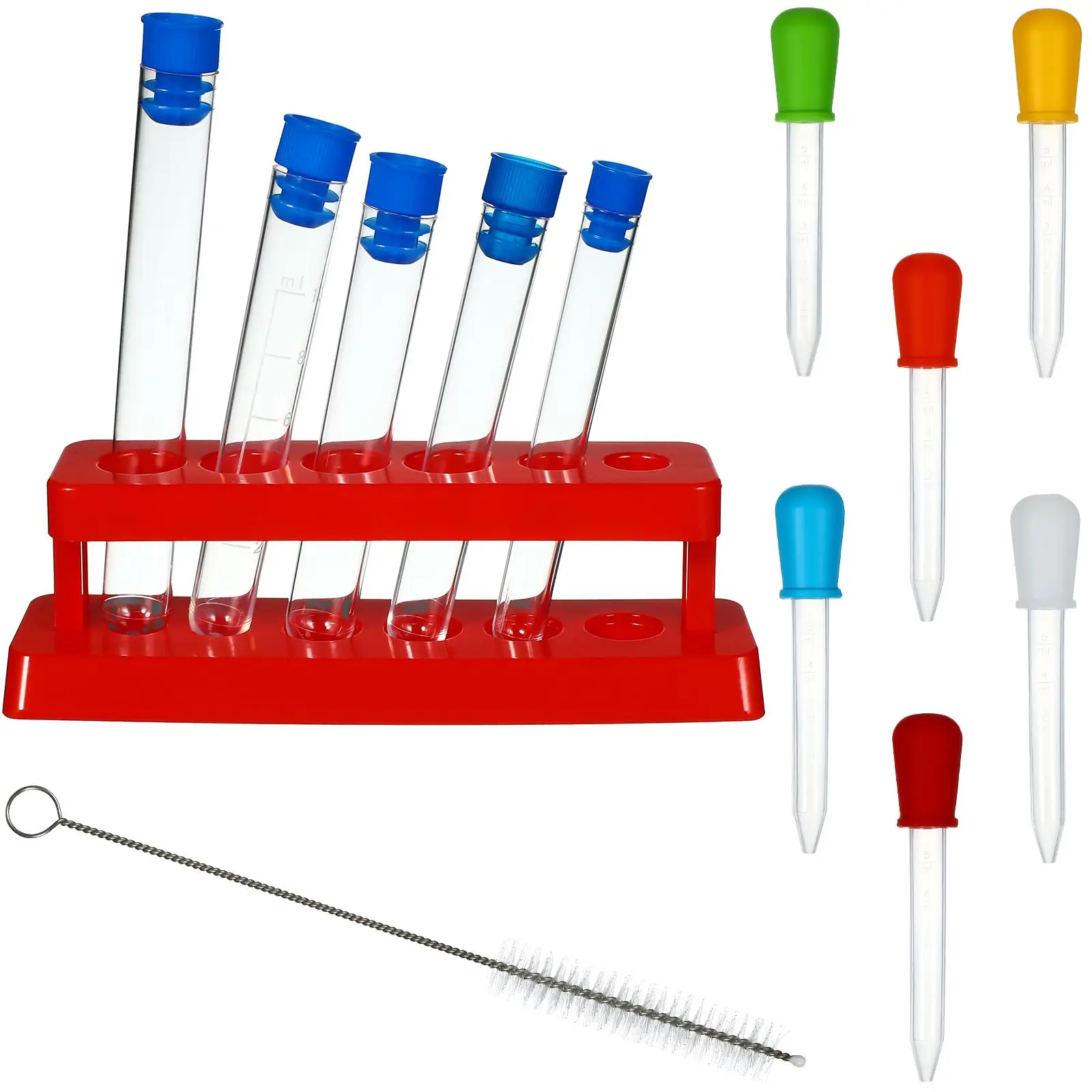 

Clear Plastic Test Tubes Liquids Container with 6 Holes Tube Stand Silicone Droppers and Cleaner Brush for Science Experiments