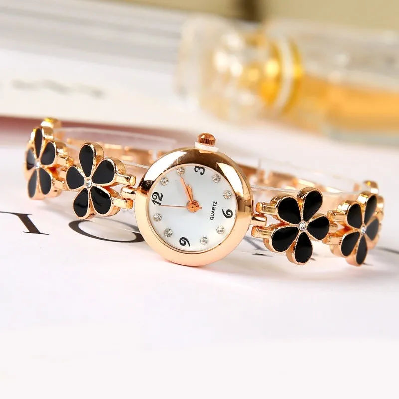 Graceful Women's Quartz Watch: Elegant Black & Pink Floral Design - Perfect Gift Idea for Any Occasion