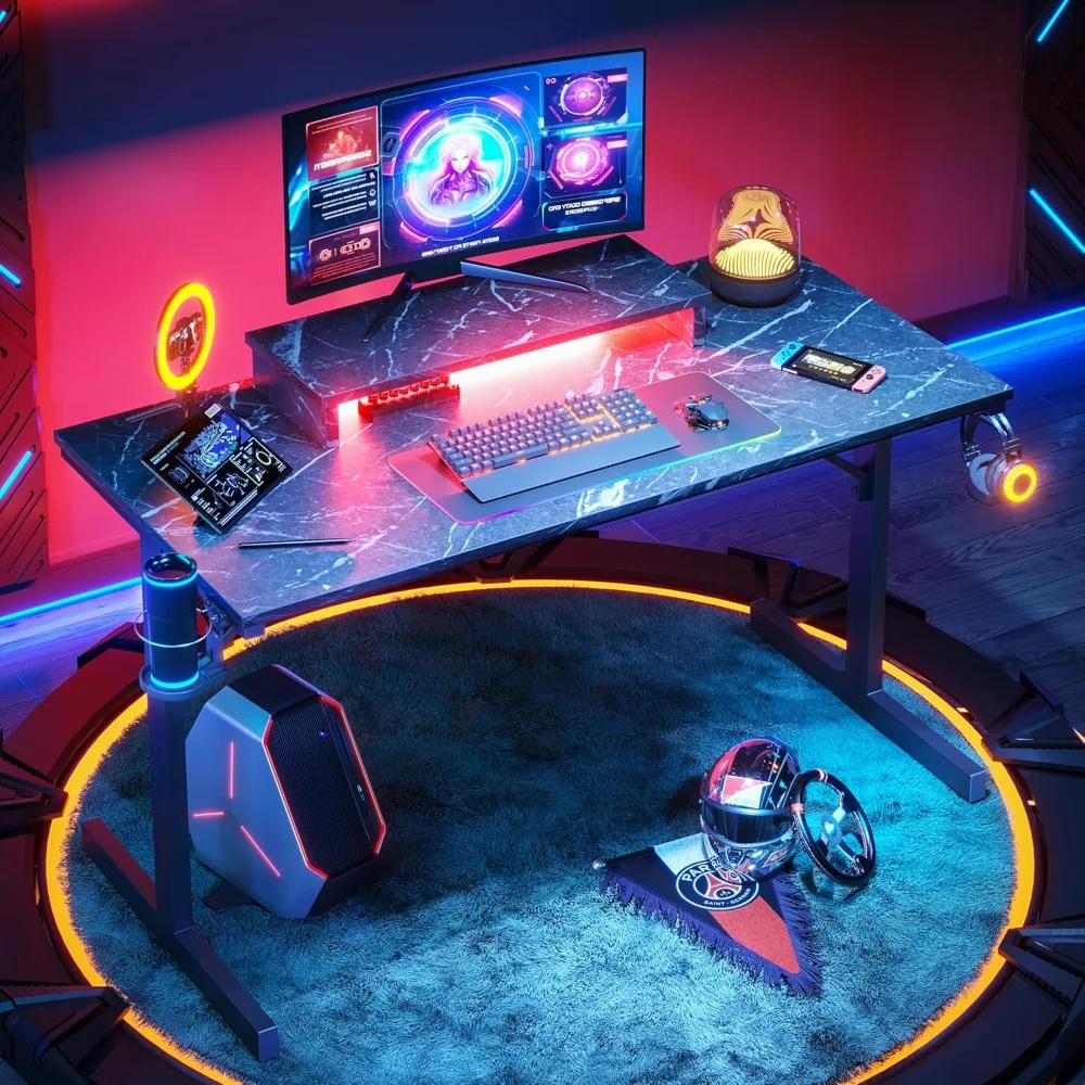 Small Gaming Desk with Monitor Stand, 42 inch LED Computer Desk, Gamer Workstation with Cup Holder & Headset Hooks