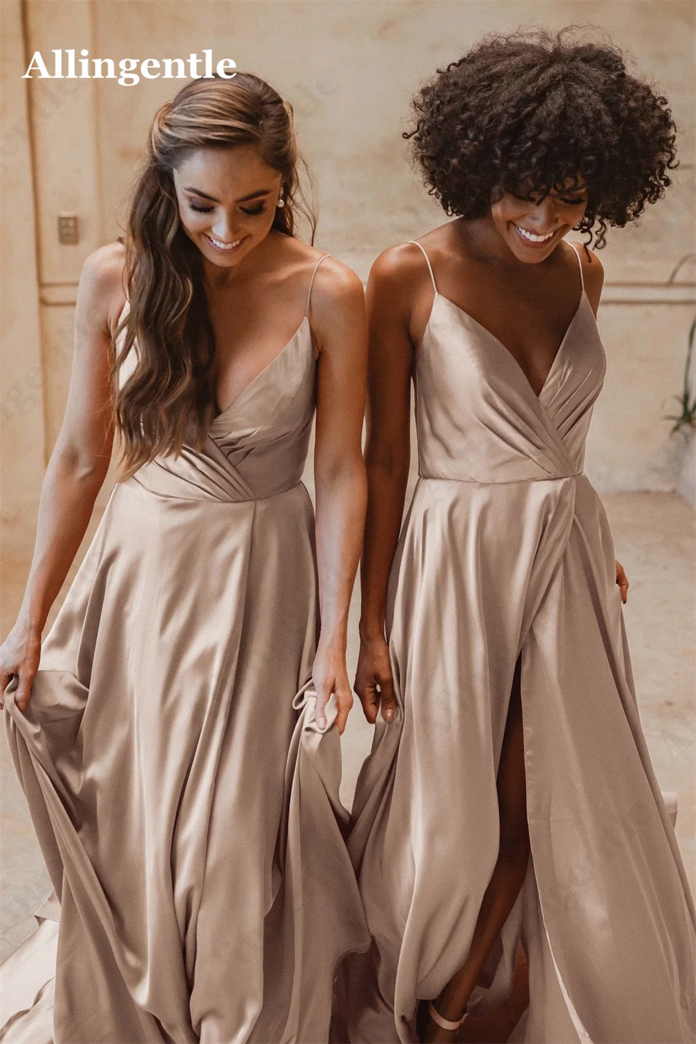 Evening Dresses V-Neck Spaghetti-Strap Soft Satin Bridesmaid Dress A-Line Party Gowns Side Slit Custom