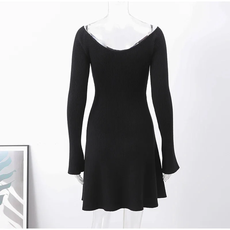 Knit Off-Shoulder V-Neck Mini Dress For Women Ribbed Loose Casual High Waist Long Sleeve Knitwear Dress Women's Mini Dress