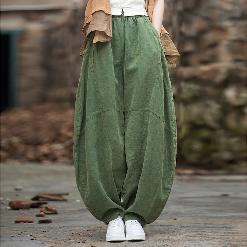 

2023 Summer Cosy Vintage Ramee Cotton Sand-wash Do-old Wide-leg Trousers Women Elastic-waist Casual Pants Female Loose Bloomers