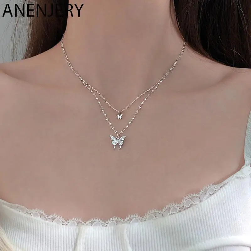 Anenjery Collana a farfalla lucida color argento per donna Collana a catena lucida a doppio strato con clavicola Gioielli S-N173_voghion.com