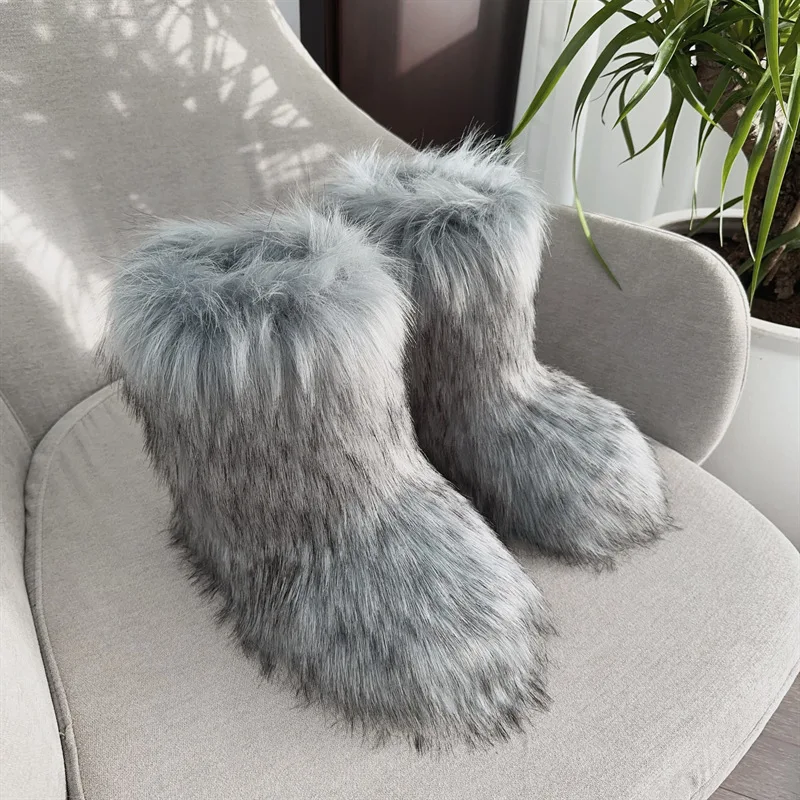 Fur Snow Boots Luxury Shaggy Faux Fur Boots Women Fur Boots Winter