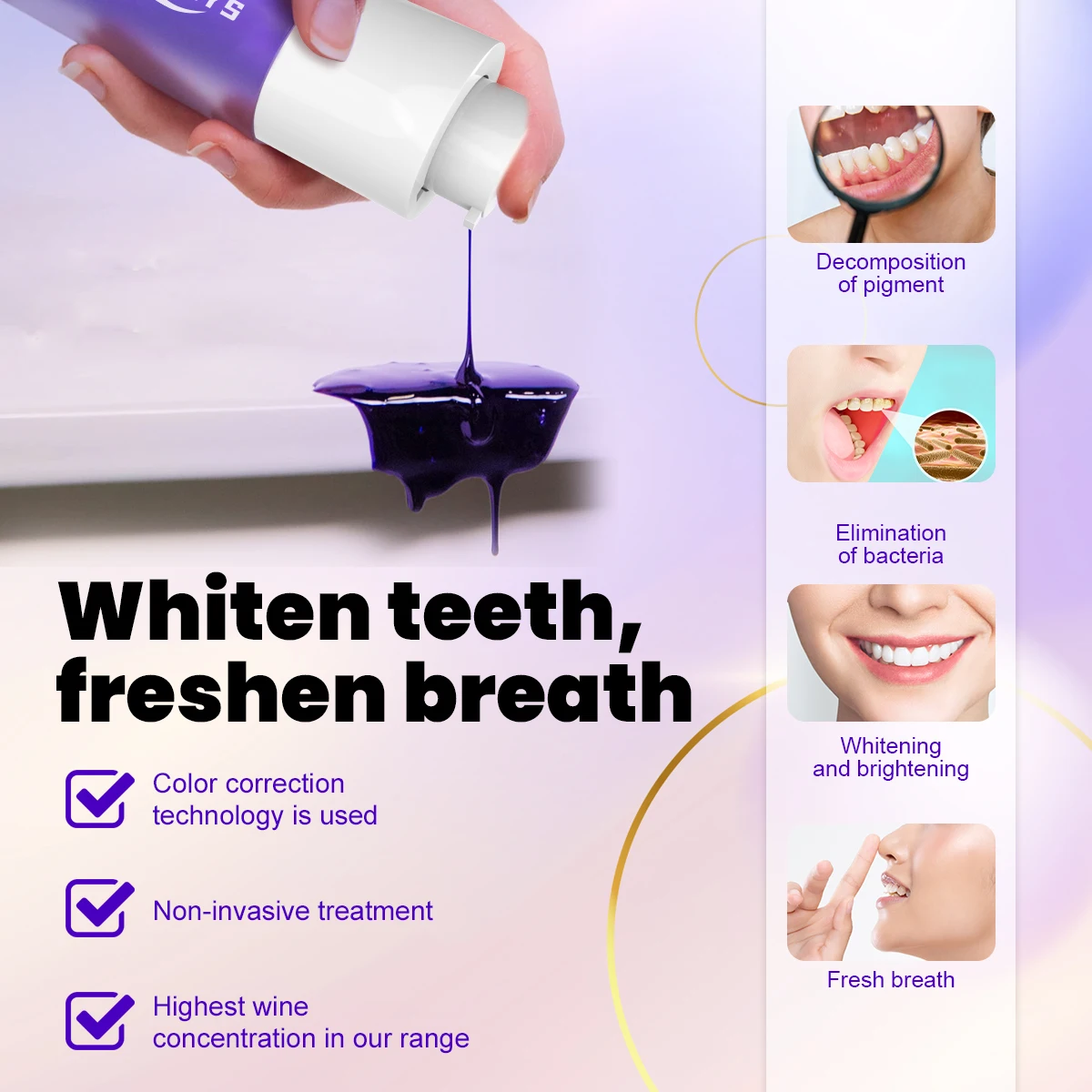 Mybys סגול שיניים משחת שיניים הלבנת מהות ניקוי הפה הלבנה שיניים צהוב צבע תיקון סרום מקצועי