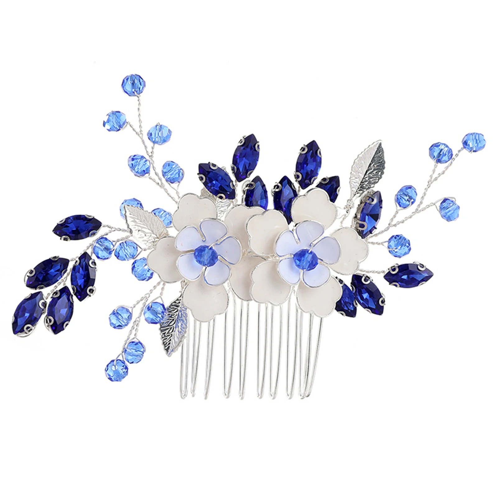 Bride Wedding Hair Combs White Flower Hairpins Side Clips Blue Crystal Headpieces for Women Girls Party Daily Hair Jewelry