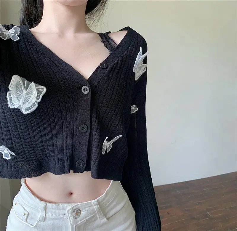 トップス Herlipto Butterfly V-Neck Cardigan Autumn 2022 Cute Butterfly Knitted Cardigan Women Korean