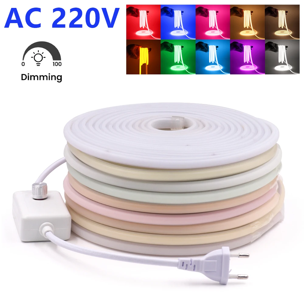 220V COB LED Strip with EU Dimmer Plug High Bright 288Leds/m Waterproof Silicone Neon Strip FOB LED Tape for Bedroom 10 Colors