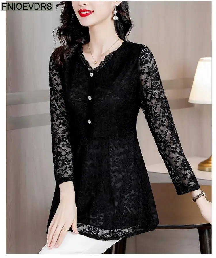 M-4XL 2023 Women Hot Sales Elegant Office Lady Work Button Black Lace Shirt Casual Belly A Line Tunic Peplum Tops And Blouses