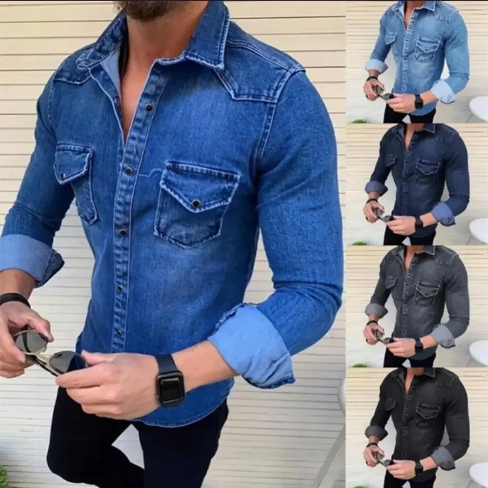 

Fashion Long Sleeve Slim Fits Lapel Collar Pockets Denim Shirt Casual Men's Top denim shirts Джинсовые рубашки 2023 New