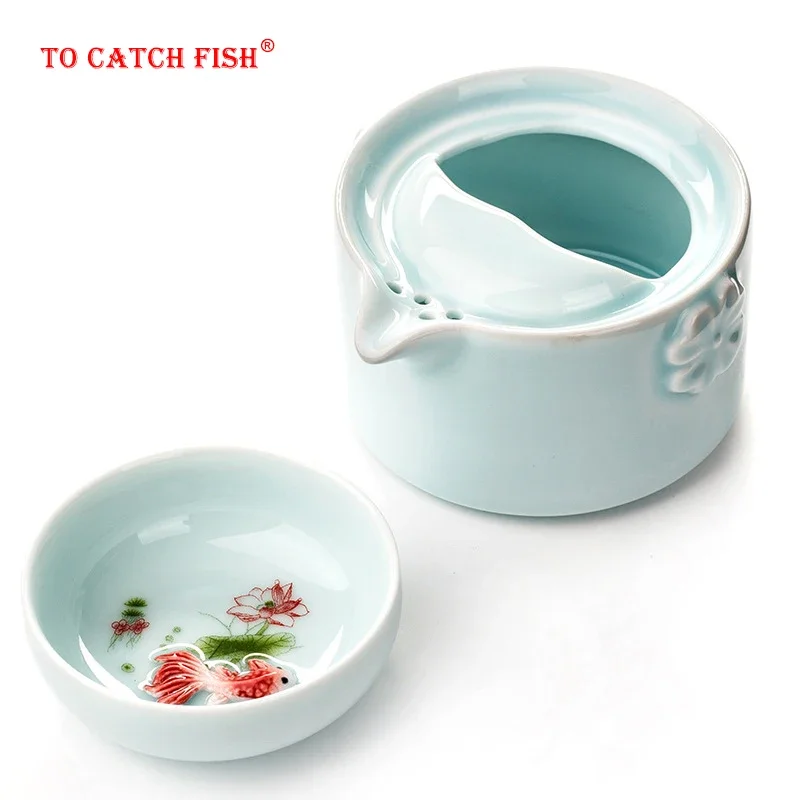 gaiwan Celadon 3D Carp Kung Fu Tea set Include 1 TeaPot 1 TeaCup