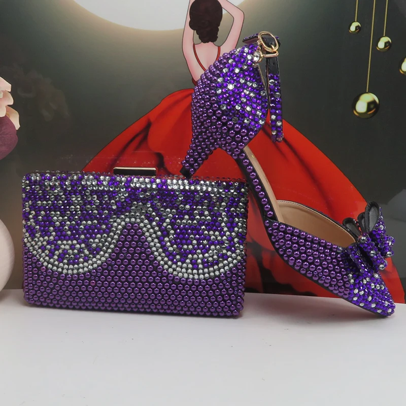 BaoYaFang New arrival Purple Pearl Bridal shoes and Bag Set woman
