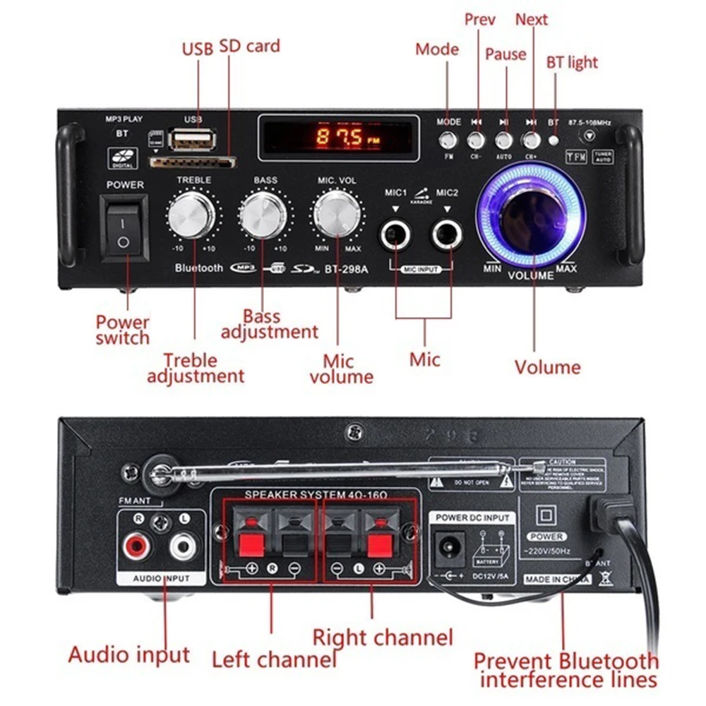 무선 호환 미니 앰프, 2CH HIFI 오디오, HIFI 스테레오 파워 앰프, USB FM 라디오, 리모컨 포함, 자동차 홈