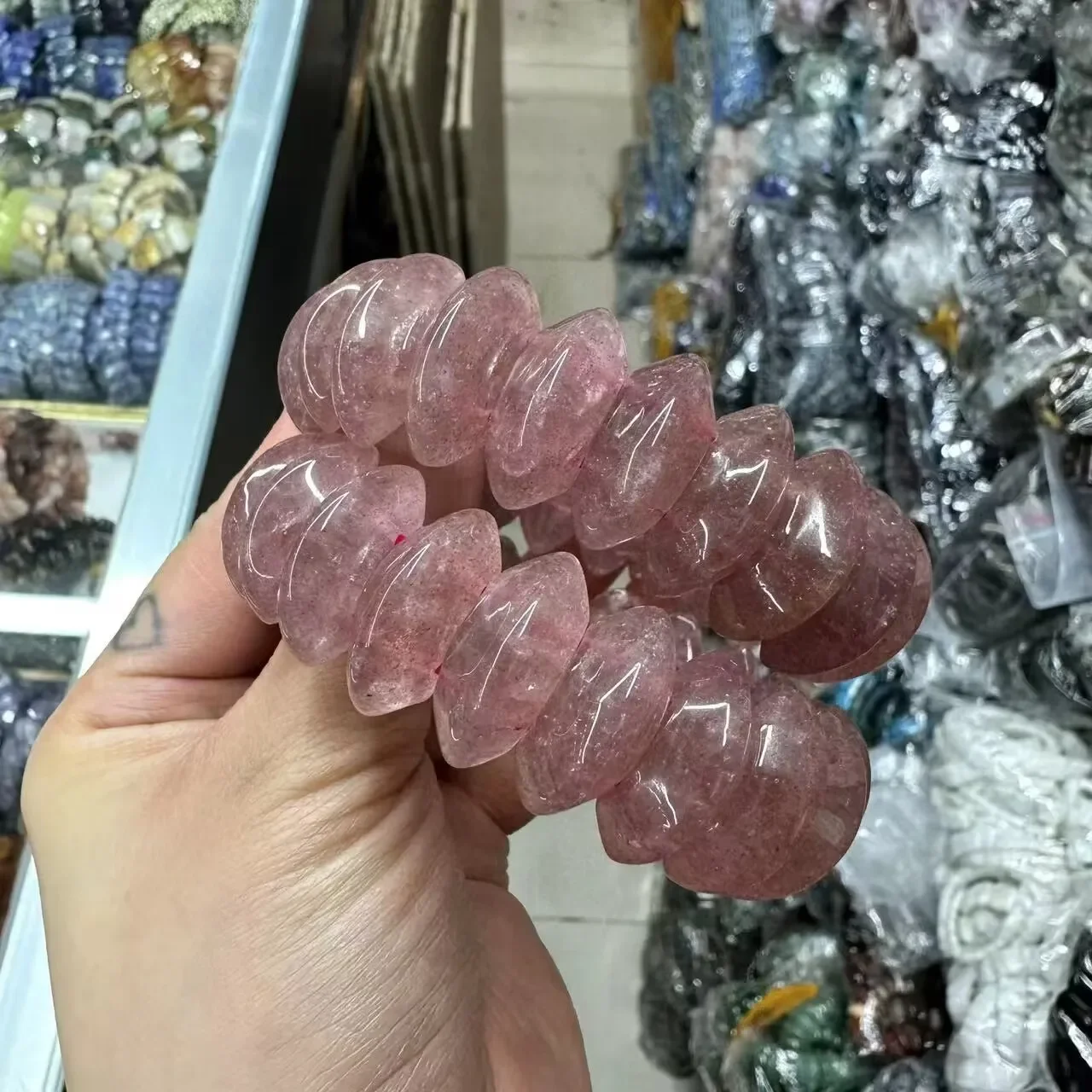 천연 딸기 쿼츠 스톤 팔찌, 남녀공용, 심플한 에너지 스톤 팔찌, 아카데믹 자기장 쥬얼리, 10 × 22mm