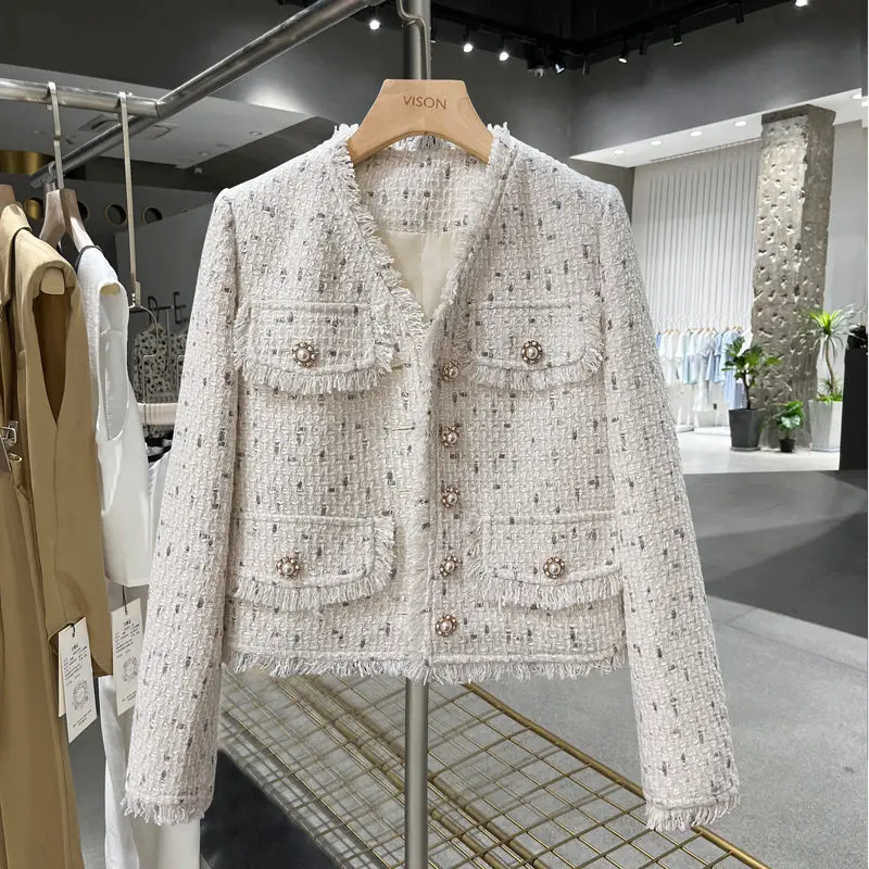 

Gentle Style Suit Coat Women's V-Neck Long Sleeve Korean Tweed Woolen Jacket Short Autumn And Winter 2022 New Design Tops T1027