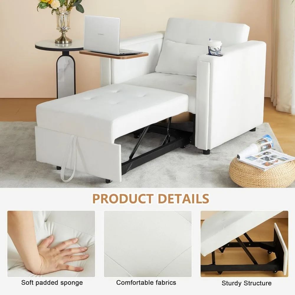 Convertible Chair Bed, 3-in-1 Multi-Functional Velvet Sleeper Sofa Pull-Out with Hidden Side Table (White) Children's Sofas 6