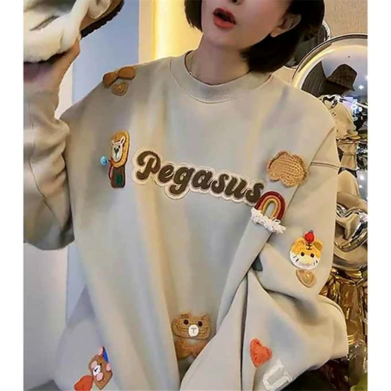 

American Funny Cartoon Tiger Y2K Embroidery Sweatshirt Men Women Loose Oversized Streetwear Kawaii Clothes Thicken Fleeve Winter