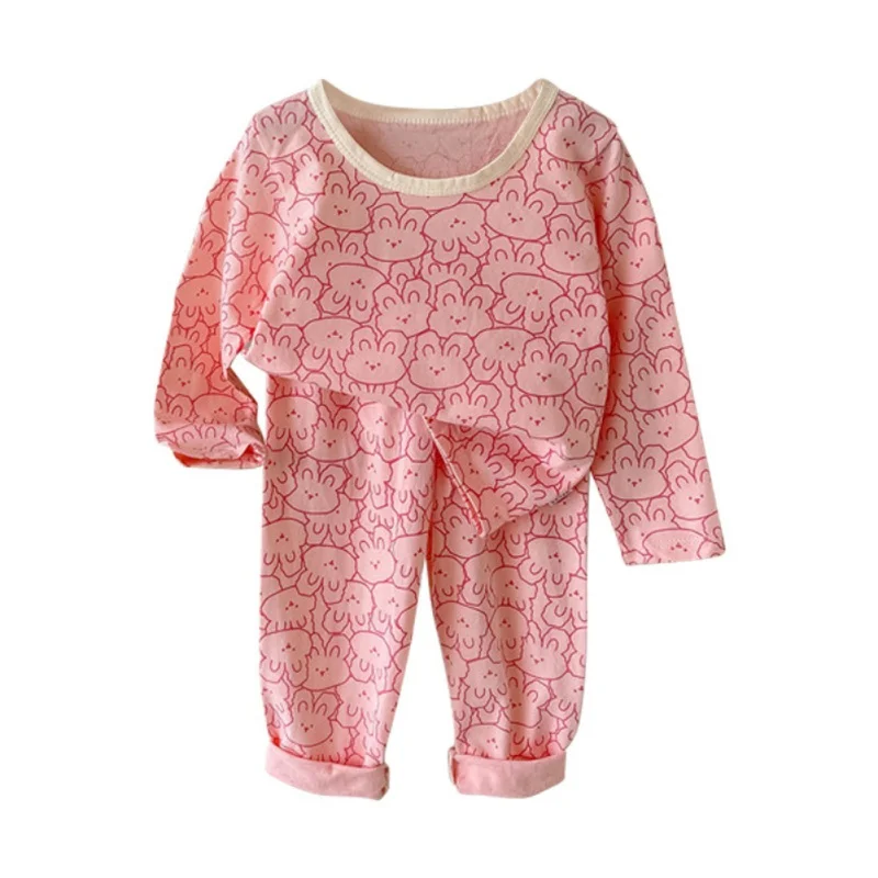 Children's Spring Autumn Homewear Boys Cotton Long Sleeve Trousers Set Girls Cartoon Print Pajamas Set