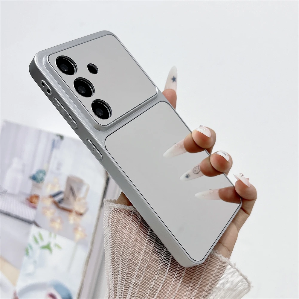 Luxury Silver Makeup Mirror Phone Case with Large Window and Anti-Drop Protection