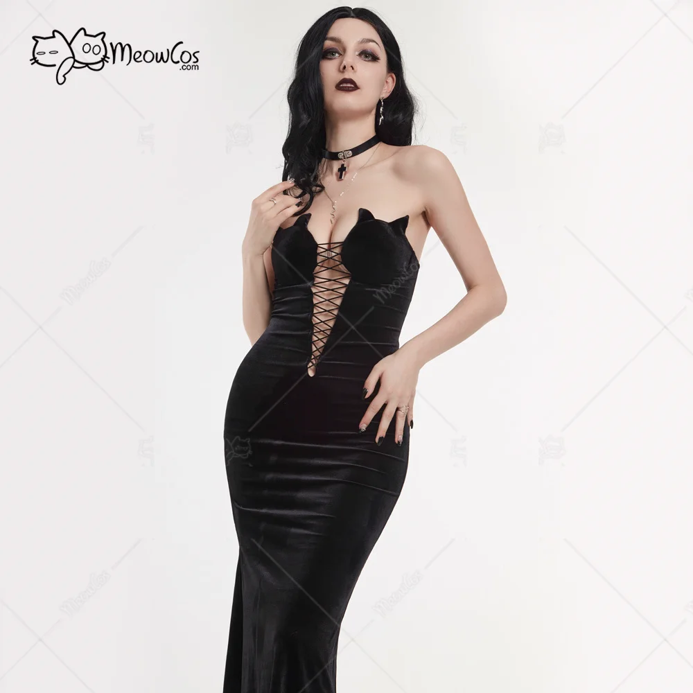 Meowcos Sexy Women Gothic Tube Top Dress Cat Style Low-Cut Strapless Deep V  Dress Hollow Long Slim Dress Cosplay Costumes