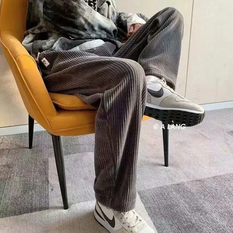 Summer Men's Casual Tie Straight Leg Pants Corduroy Monochrome Oversized Warm Korean Street Pants Streetwear casual pants,corduroy pants