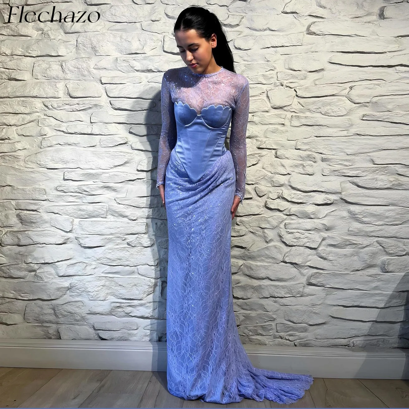 

Flechazo Purple Lace Evening Dresses Illusion Straight Floor-Length Party Gown For Women 2024 vestidos para eventos especial