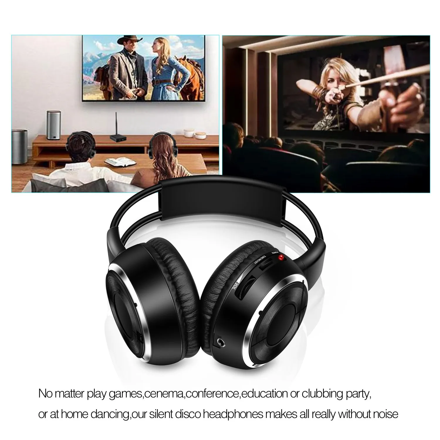 500m Silent Disco System Folding Wireless Headphones 2 Foldable Headset + 1 Transmitter Quiet Clubbing Party Bundle