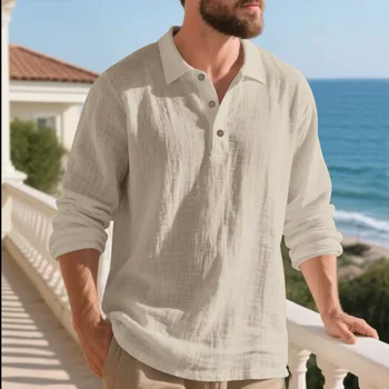 Camicia Polo in Lino da Uomo a Maniche Lunghe con Colletto Abbottonato, Casual Estiva Traspirante, Stile Hawaiano, per Vacanze al Mare, Oversize