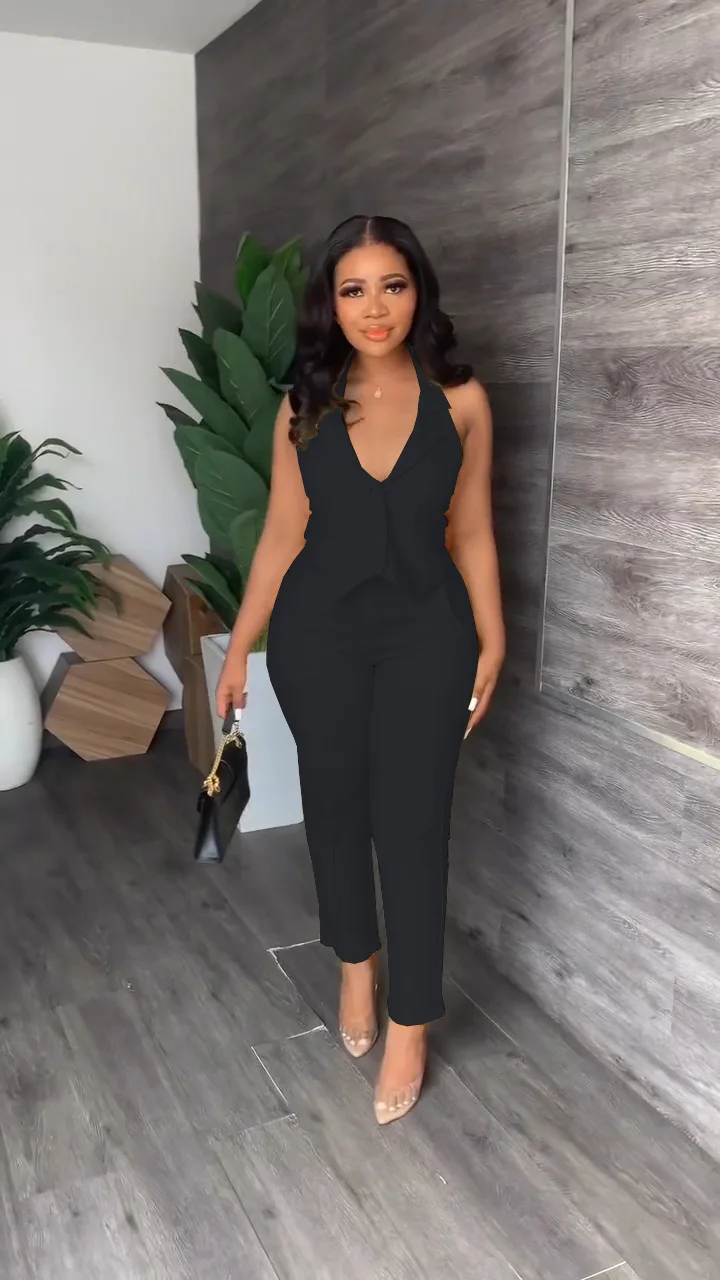 Sexy V-neck Drawstring Top Loose Trousers Casual Two-piece Suit