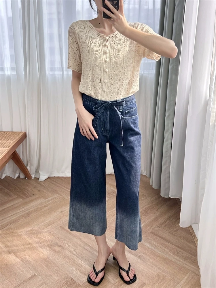 여성용 할로우 아웃 크로셰 라운드 넥 스웨터, 싱글 브레스트 슬림 캐주얼 반팔 가디건, 2024 신상