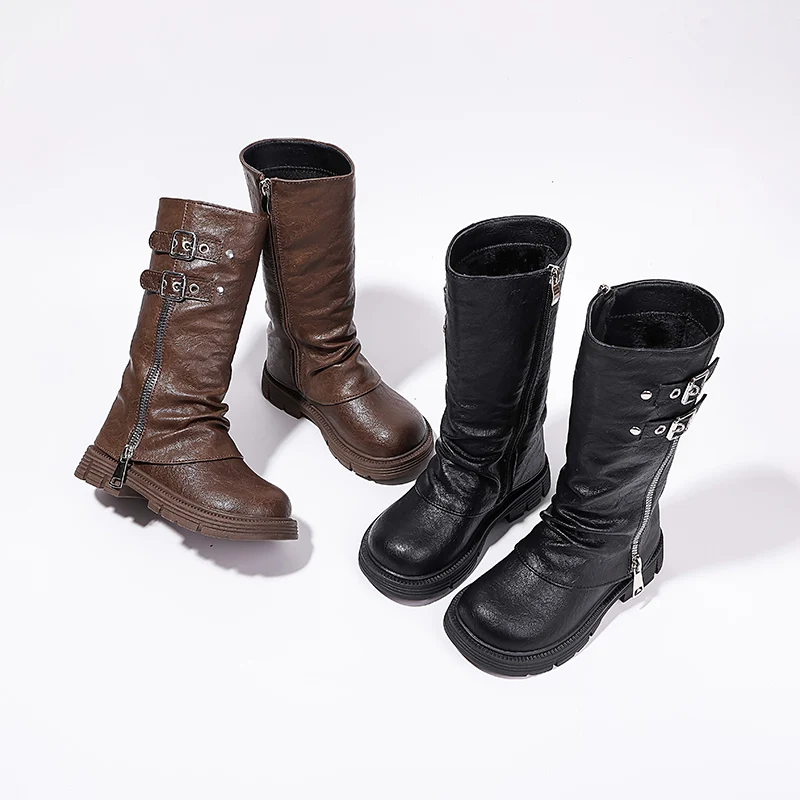 Spring Autumn New Kids Fashion High Boots Classic Black Brown Girls School Causal Leather Boots Catwalk Children Platform Boots